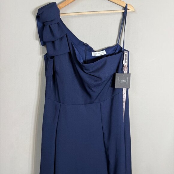 Ieena for Mac Duggal Bow One Shoulder A-Line Gown Womens 16 Navy Formal Slit NWT - Picture 7 of 16